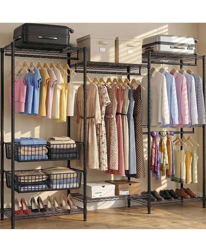 Streamdale Furniture Heavy Duty 4-Rod Freestanding Garment Rack with Shelves and Baskets