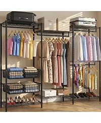 Streamdale Furniture Heavy Duty 4-Rod Freestanding Garment Rack with Shelves and Baskets