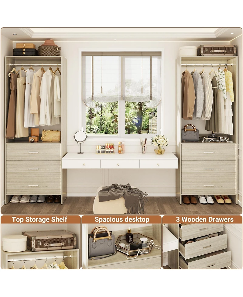 Aheaplus 48-In Closet Organizer System with Wooden Drawers and Hanging Rods
