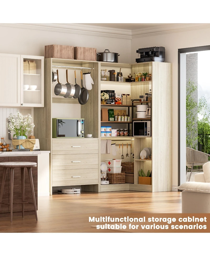 Aheaplus 57-In Corner Closet System Set with Wood Drawers and Hanging Rods