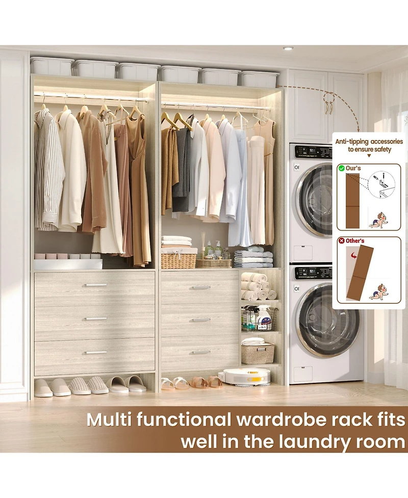 Aheaplus 54-In Closet System Set with Wood Drawers and Hanging Rods
