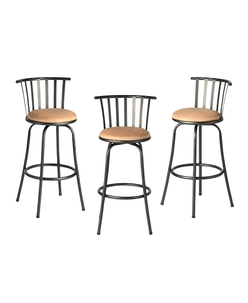 HomeRoots Set of Three Suede Faux Leather and Iron Low Back Adjustable Height Swivel Bar Chairs