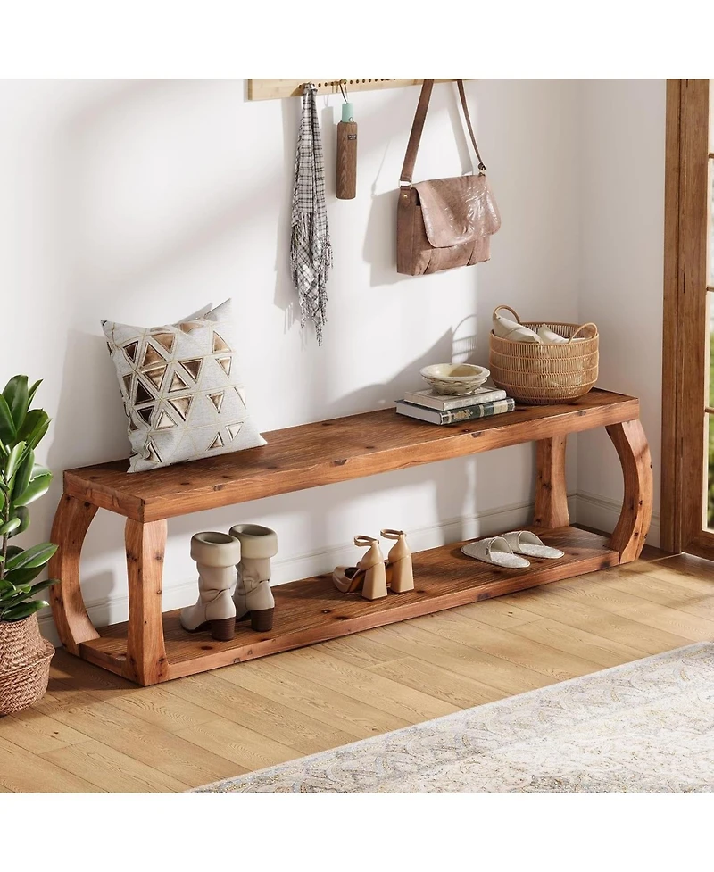 Slickblue 59" Solid Wood Entryway Bench with 2-Tier Shoe Storage