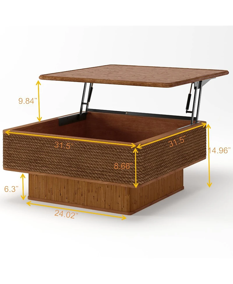 Streamdale Furniture 31.52" Square Rattan and Hemp Rope Coffee Table with Adjustable Storage