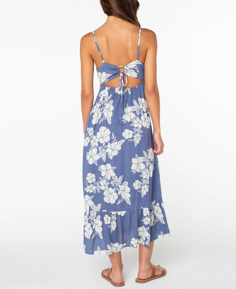Roxy Women's Warm Rays Hibiscus V-Neck Floral-Print Ruffled Hem Midi Dress