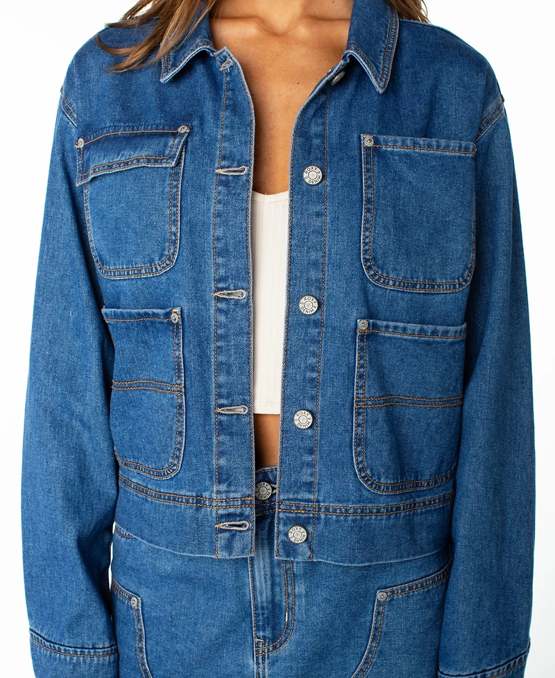 Roxy Women's Reel Life Cropped Oversized-Pocket Denim Jacket
