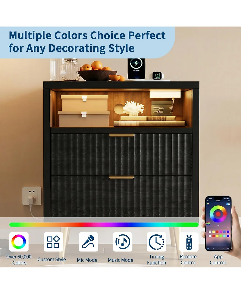 homfan 2 Drawer Dresser, 23.6" Wooden Cabinet with Led and Charging, Fluted Nightstand Handle, Modern Storage for Closet, Living Room, Hallway