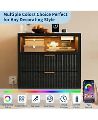 homfan 2 Drawer Dresser, 23.6" Wooden Cabinet with Led and Charging, Fluted Nightstand Handle, Modern Storage for Closet, Living Room, Hallway