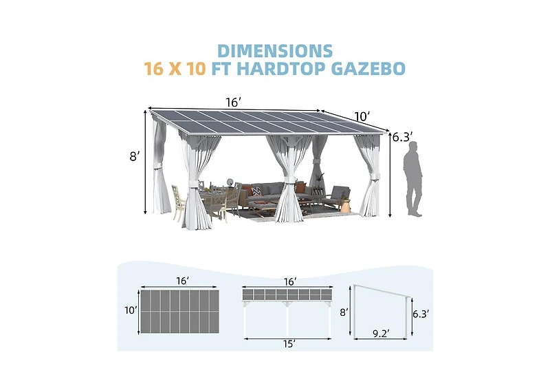 Aecojoy 16' x 10'Wall Mounted Hardtop Gazebo Lean to Metal Pergola with Curtains Netting Patio
