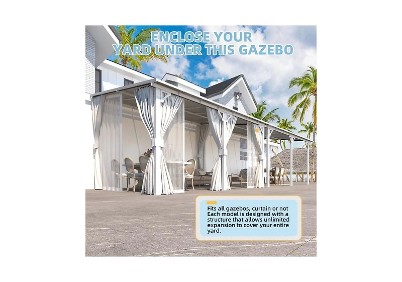 Aecojoy 20' x 8'Wall Mounted Hardtop Gazebo Lean to Metal Pergola with Curtains Netting Patio