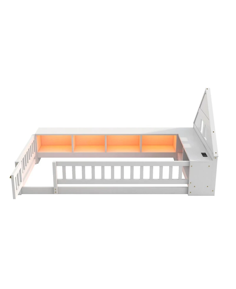 Streamdale Furniture Twin Wood House Floor Bed with Storage, Led, Usb and Outlets