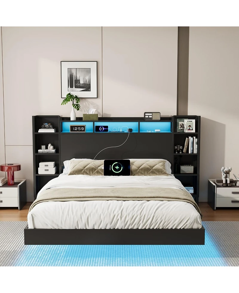 Streamdale Furniture King Size Floating Bed Frame with Led Lights, Usb Ports and Storage Headboard