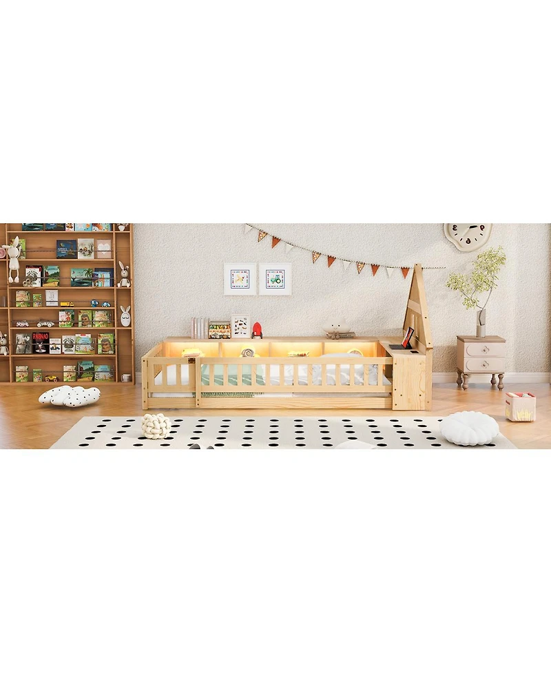 Streamdale Furniture Twin Wood House Floor Bed with Storage, Led, Usb and Outlets