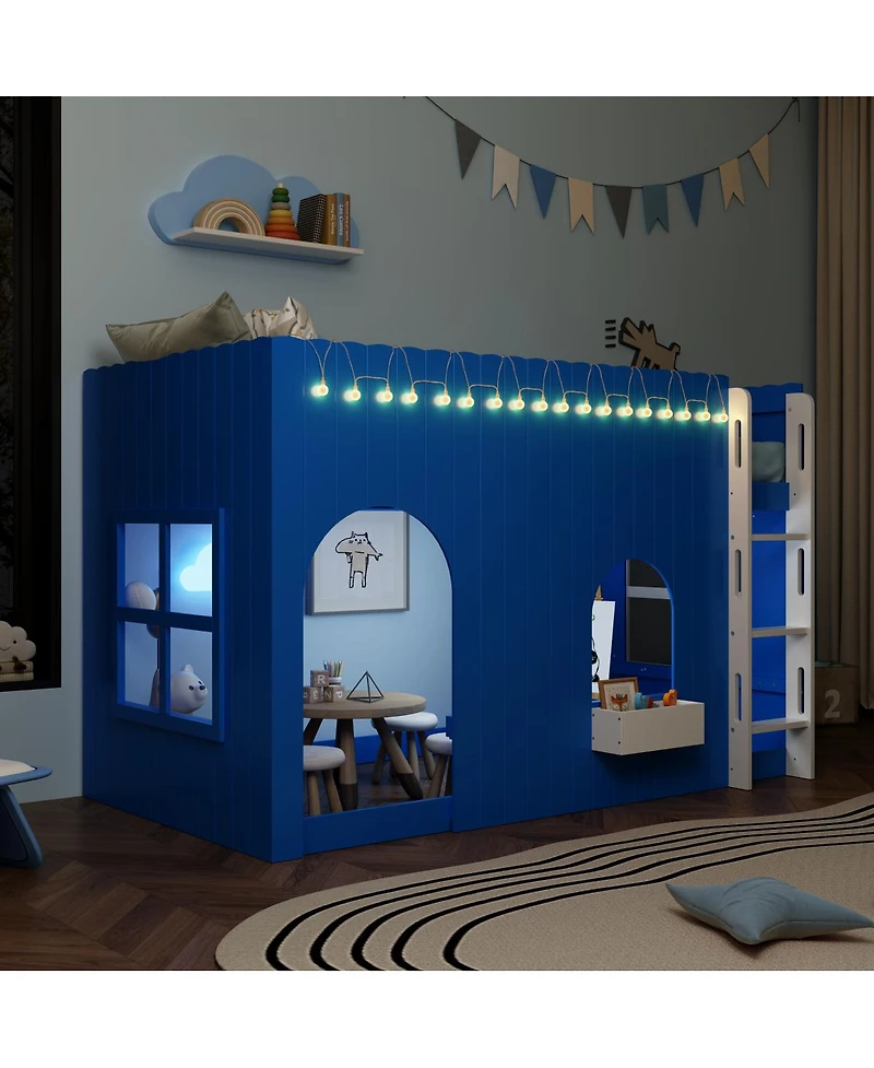 Streamdale Furniture Twin Size Kids Loft Bed with Warm Led Light String