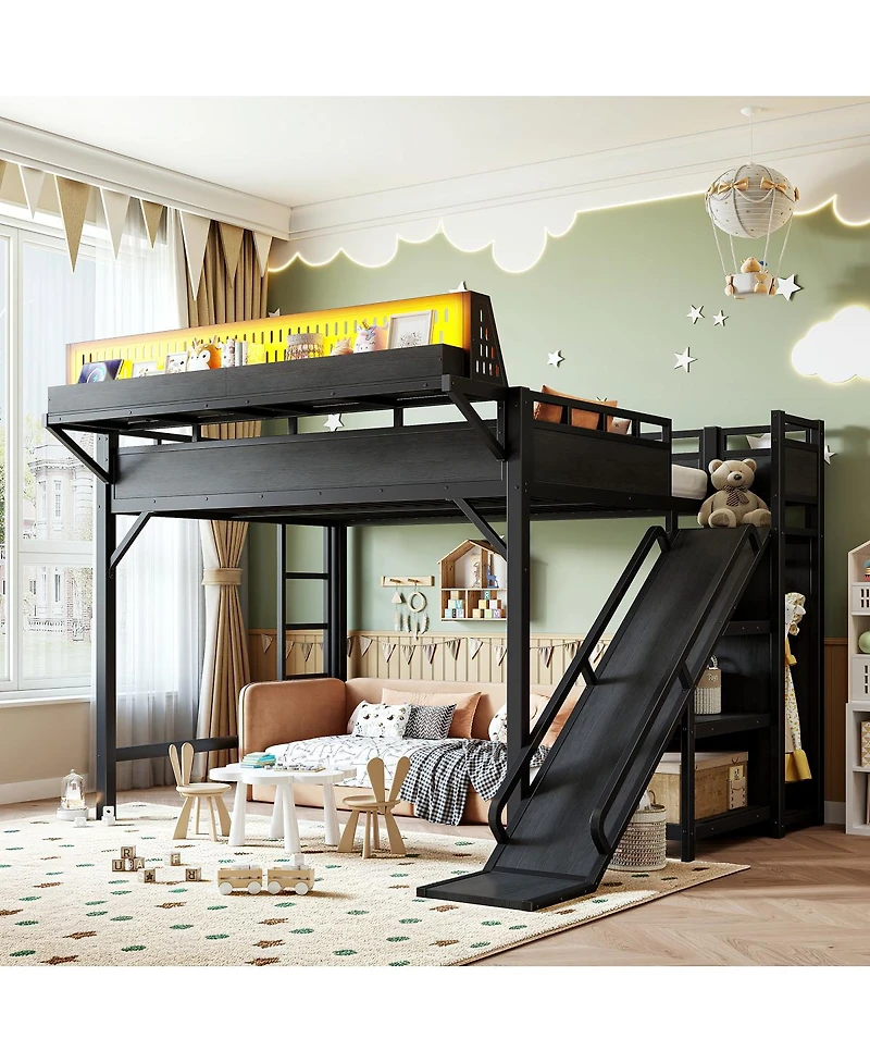 Streamdale Furniture Queen Loft Bed with Slide, Storage, Wardrobe, Usb