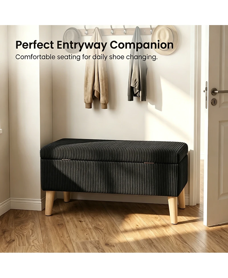 Streamdale Furniture 32" Corduroy Flip-Top Storage Ottoman Bench with Wooden Legs