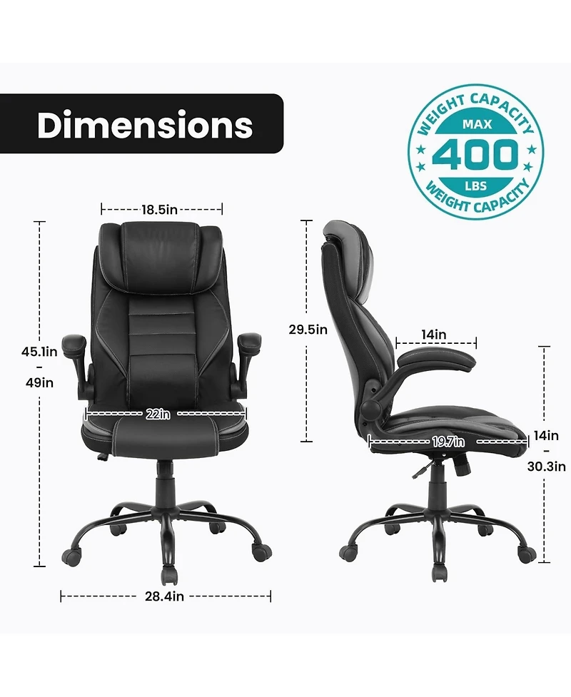 homfan Ergonomic Executive Chair with Spring Lumbar Support, Adjustable Headrest, Flip-Up Arms, Recline, 350 lb Capacity