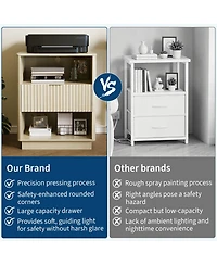 homfan Set of 2 Fluted Nightstands – Wooden Night Stand with Charging Station and Led Light, Bedside End Table with Drawer, 20"x15.7"x24", Wood Tone