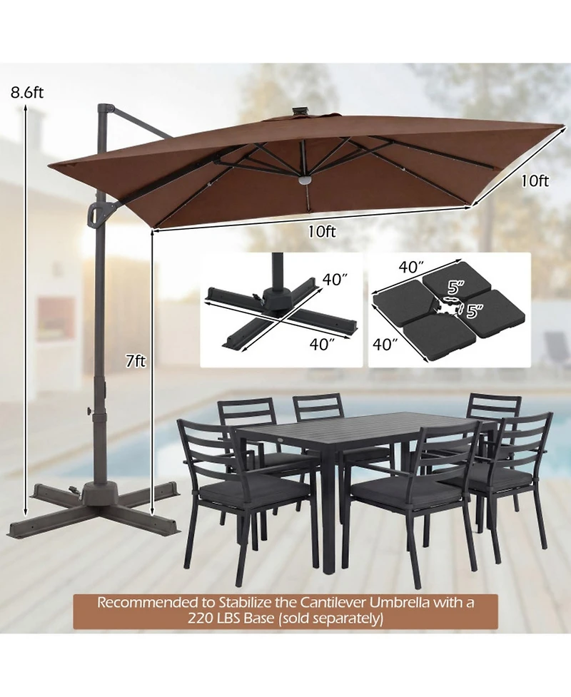 Sugift 10 Feet Cantilever Patio Umbrella with Solar Led Lights for Pool and Garden