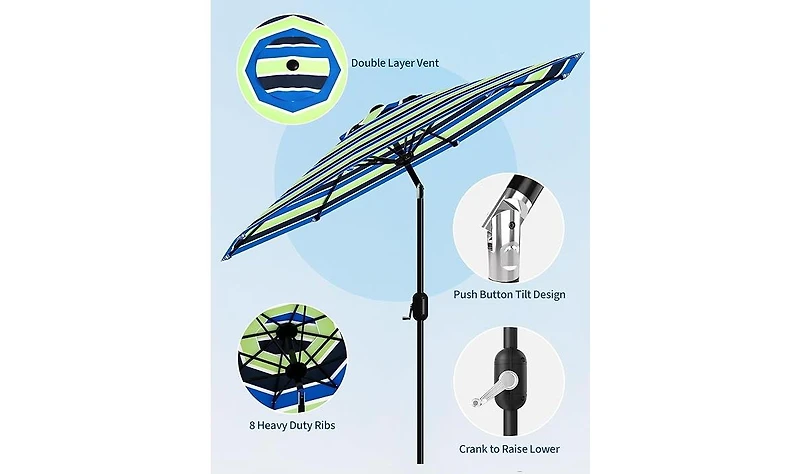 homfan 9 Feet Patio Umbrella, Outdoor Market Umbrella with Push Button Tilt and Crank, 8-Rib Iron Frame, striped