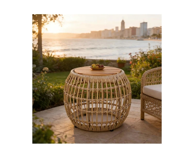 sumyeg Acacia Wood Outdoor Side Table with Wicker Base, Round Accent Table