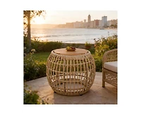 sumyeg Acacia Wood Outdoor Side Table with Wicker Base, Round Accent Table