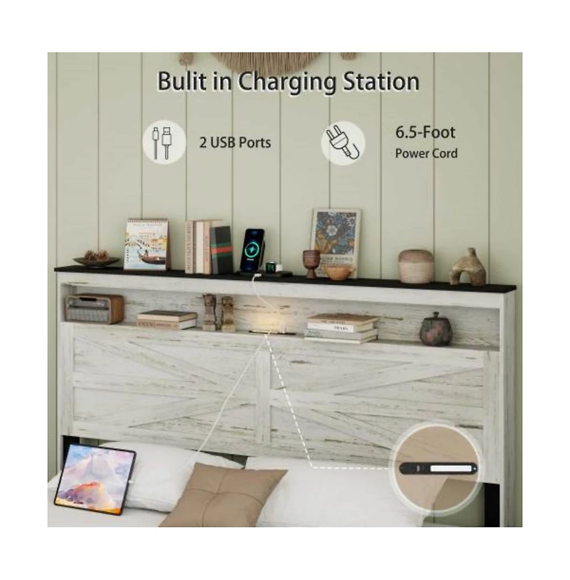Lucky One King Size Bed Frame with Wooden Headboard, Hidden Under-Bed Storage, Usb Charging Station, No Box Spring Needed