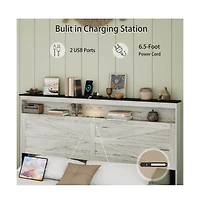 Lucky One King Size Bed Frame with Wooden Headboard, Hidden Under-Bed Storage, Usb Charging Station, No Box Spring Needed