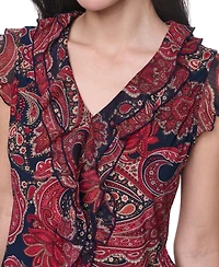 Tommy Hilfiger Women's Sleeveless Paisley V-Neck Ruffle Top