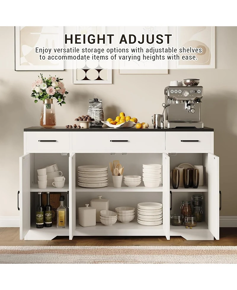 homfan 55" Buffet Cabinet 3 Drawers and 4 Doors, Farmhouse Sideboard with Adjustable Shelves, Coffee Bar for Kitchen and Dining