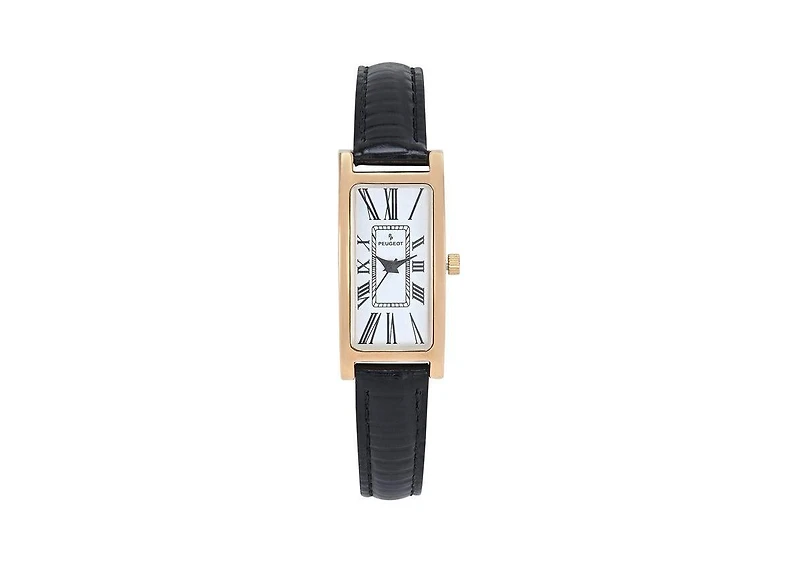 Peugeot Women's 35x18mm 14K Gold-Plated Rectangular Roman Numeral Watch with Leather Strap