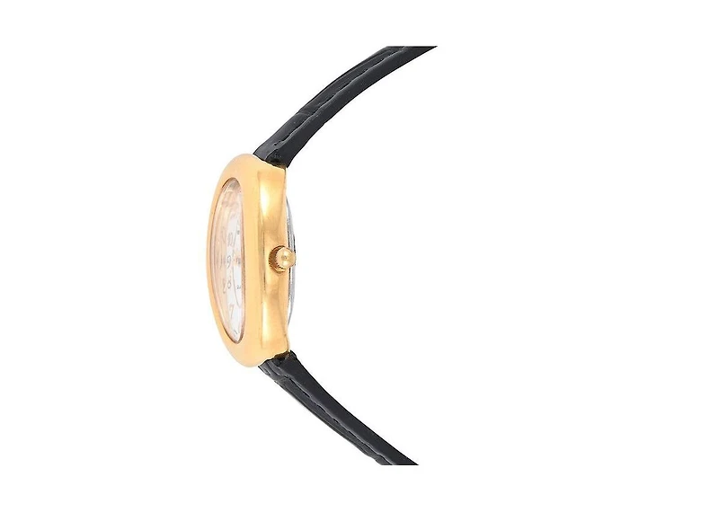 Peugeot Women's 14K Gold-Plated Petite Oval Dial with Thin Glossy Black Leather Strap