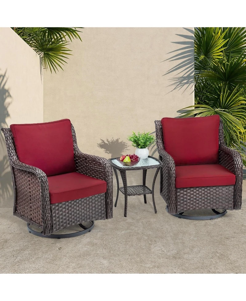 homfan Piece Outdoor Wicker Bistro Set, Swivel Rocker Chairs with Cushions and Glass Table for Patio or Garden