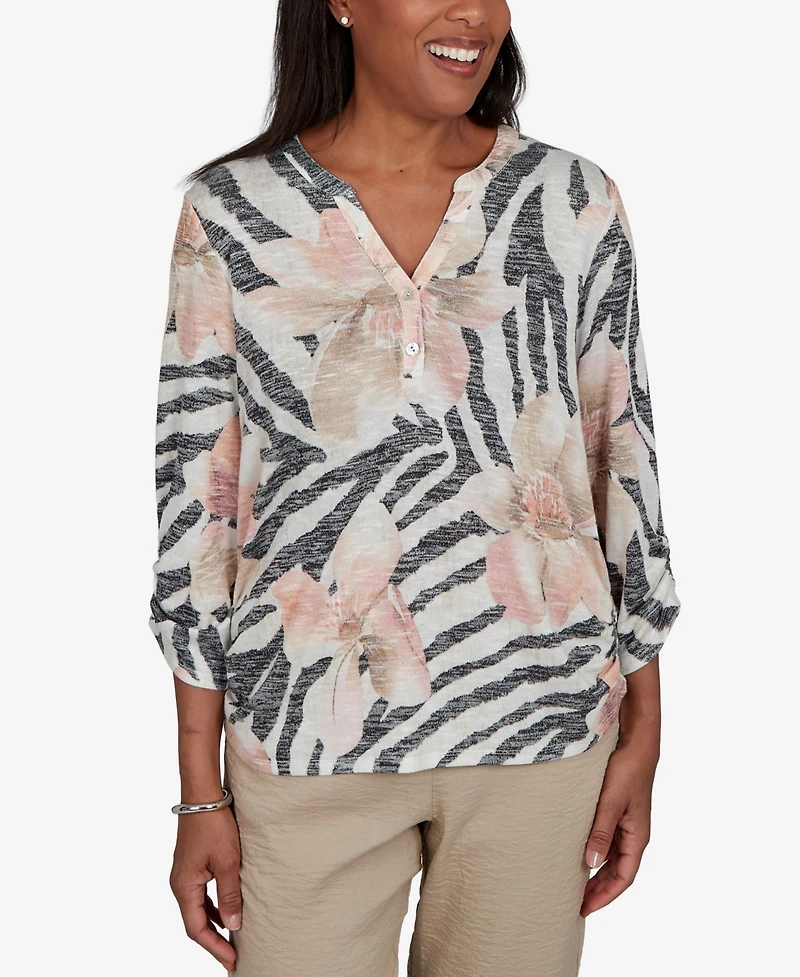 Alfred Dunner Women's Travel Advisory Animal Floral Henley Top