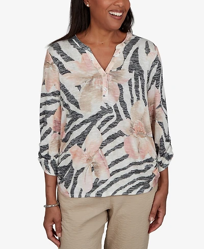 Alfred Dunner Women's Travel Advisory Animal Floral Henley Top