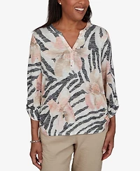 Alfred Dunner Women's Travel Advisory Animal Floral Henley Top