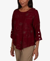 Alfred Dunner Women's Union Square Sparkle Soutache Geo Floral Top