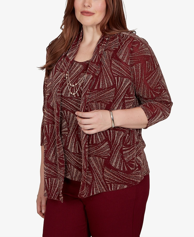 Alfred Dunner Women's Union Square Shimmer Abstract Two One Top With Necklace