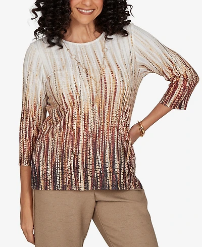 Alfred Dunner Women's Union Square Textured Ombre Squares Top With Necklace