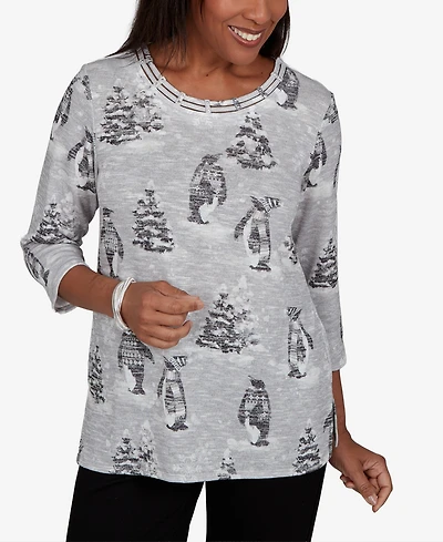 Alfred Dunner Women's Classic Penguins And Trees Knit Top