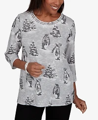 Alfred Dunner Women's Classic Penguins And Trees Knit Top