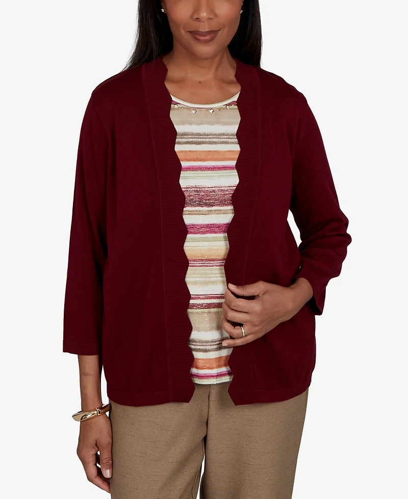 Alfred Dunner Women's Union Square Scalloped Cardi Two One Striped Sweater