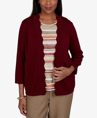Alfred Dunner Women's Union Square Scalloped Cardi Two One Striped Sweater