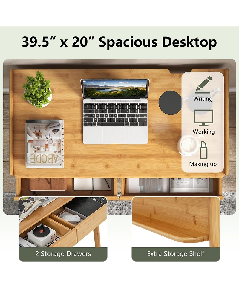 Bamboo Writing Desk 39.5'' Computer Study Desk with 2 Storage Drawers & Open Shelf