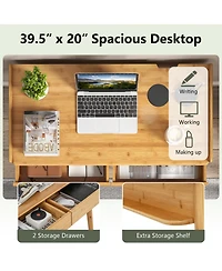Bamboo Writing Desk 39.5'' Computer Study Desk with 2 Storage Drawers & Open Shelf