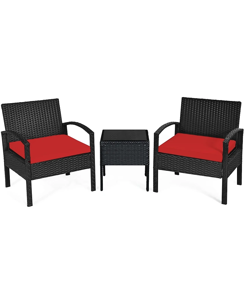 3PCS Patio Rattan Furniture Set Coffee Table & Chairs Set with Seat Cushions Garden