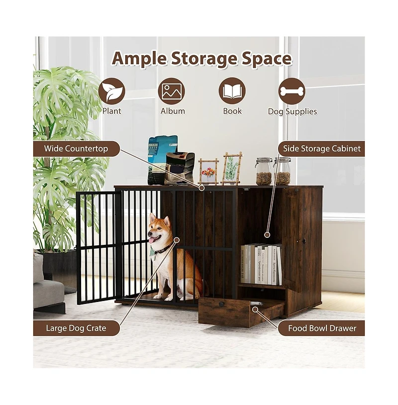 Ruie Dog Crate Furniture End Table with Hidden Pull-Out Feeder Bowls