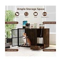 Ruie Dog Crate Furniture End Table with Hidden Pull-Out Feeder Bowls
