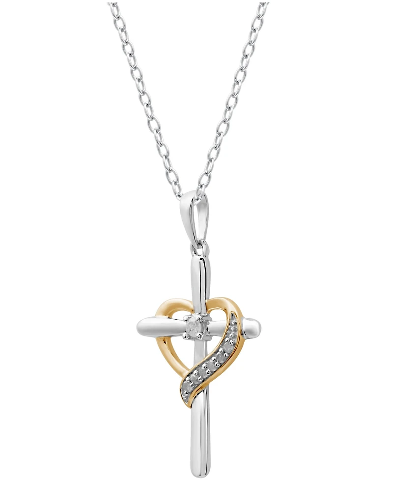 Diamond Cross Heart Pendant Necklace (1/10 ct. t.w.) in Sterling Silver and 18K Gold-Plated Sterling Silver