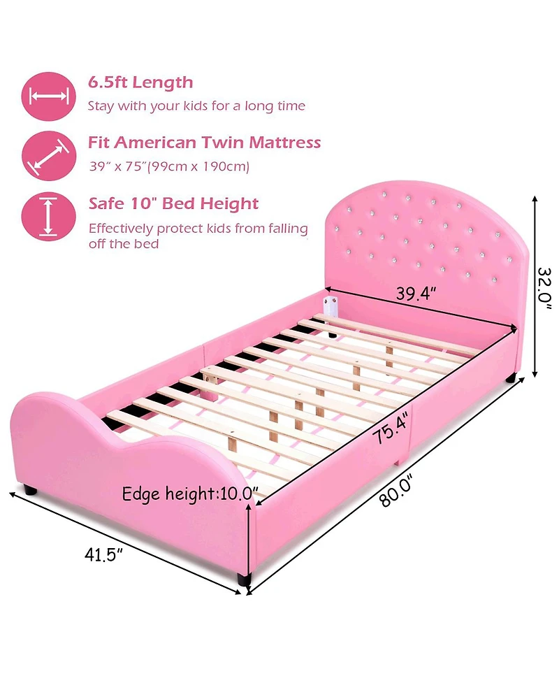 Kids Children Pu Upholstered Platform Wooden Princess Bed Bedroom Furniture